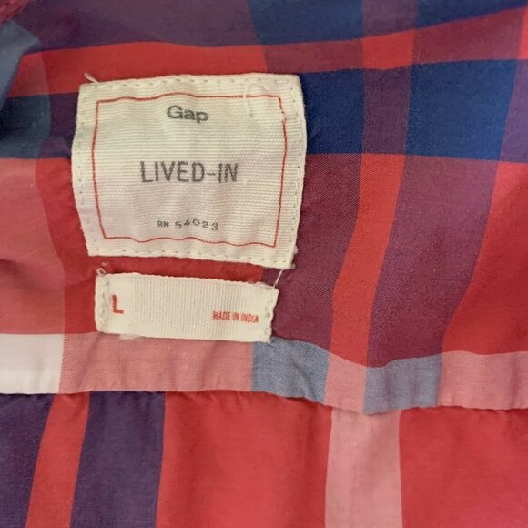 GAP Men’s Large Lived-In Button Shirt Dark Pink and Light Blue Plaid - Picture 4 of 6
